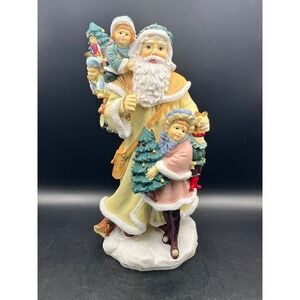 Vintage Santa Claus Figurine w/ Children Carrying Christmas Trees Decor 10.5"‎